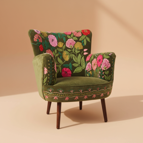 Poltrona verde oliva ricamata senza cuscini