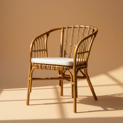 Poltroncina rattan miele sfondo beige pesca