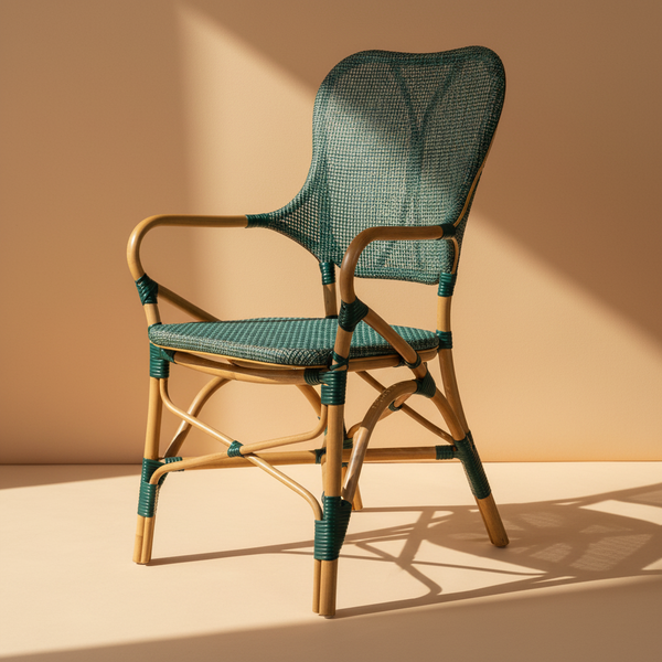 Poltroncina rattan verde bistro sfondo beige