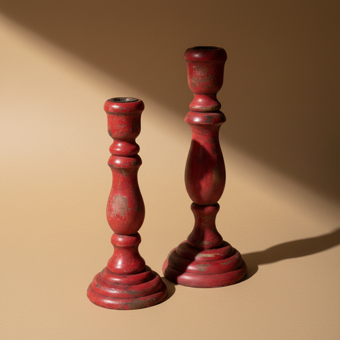 Portacandele in legno rosso su sfondo neutro con ombre