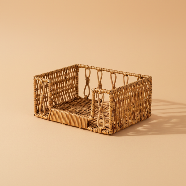 Portatovaglioli in vimini naturale su sfondo beige