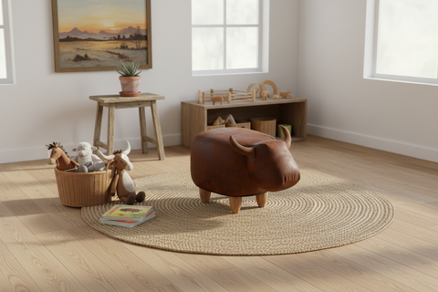 Pouffotto imbottito in alcantara e legno - toro