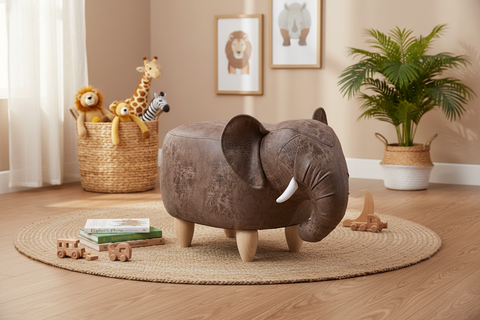 Pouffotto Imbottito In Fintapelle E Legno - Elefante