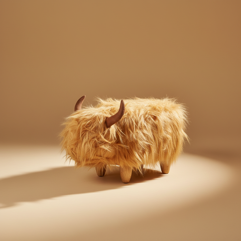 Pouf Highland cow - sfondo beige sabbia, luce dorata laterale