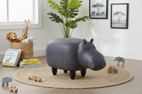 Pouffotto imbottito in fintapelle e legno - ippopotamo