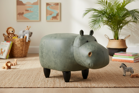 Pouffotto Imbottito In Fintapelle E Legno - Ippopotamo