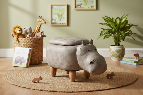 Pouffotto imbottito in fintapelle, legno - ippo bianco con contenitor