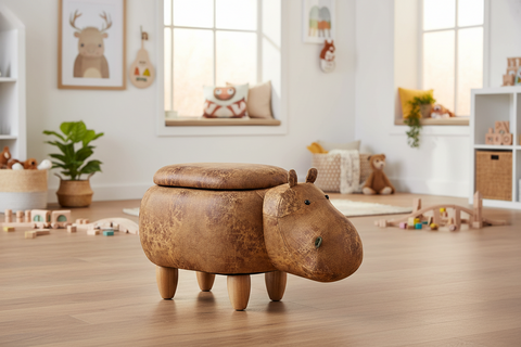 Pouffotto imbottito pelle sintetica,legno - ippo marrone c/contenitor