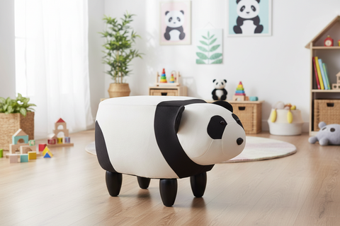 Pouffotto imbottito pelliccia sintetica, legno - panda