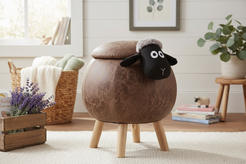 Pouffotto imbottito finta pelle,legno - pecorella c/contenito