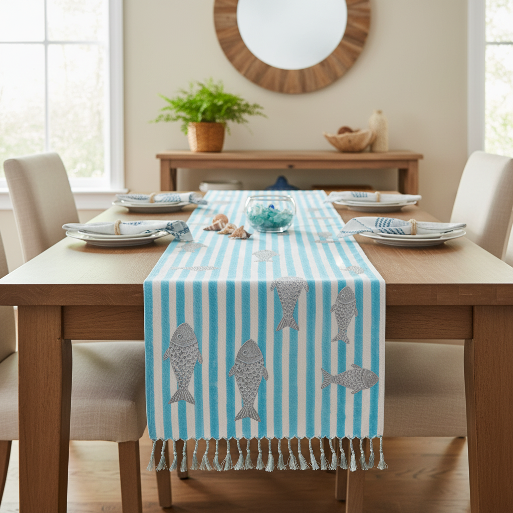 Runner azzurro completo in ambiente dining