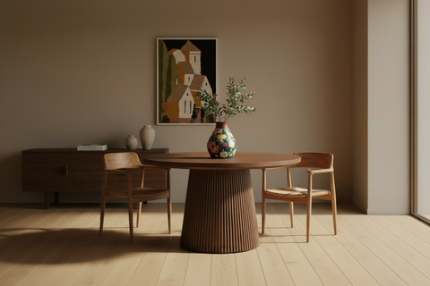 Sala da pranzo con quadro appeso e vaso decorativo