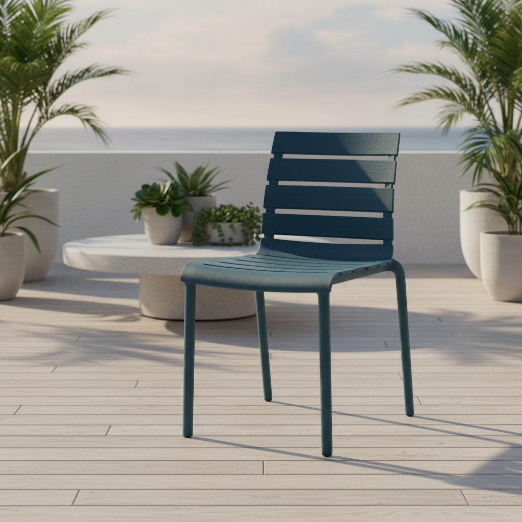 Sedia alluminio blu petrolio in ambiente outdoor