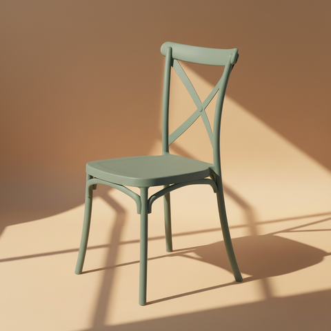Sedia Cross-Back Verde Salvia Grigio su sfondo beige