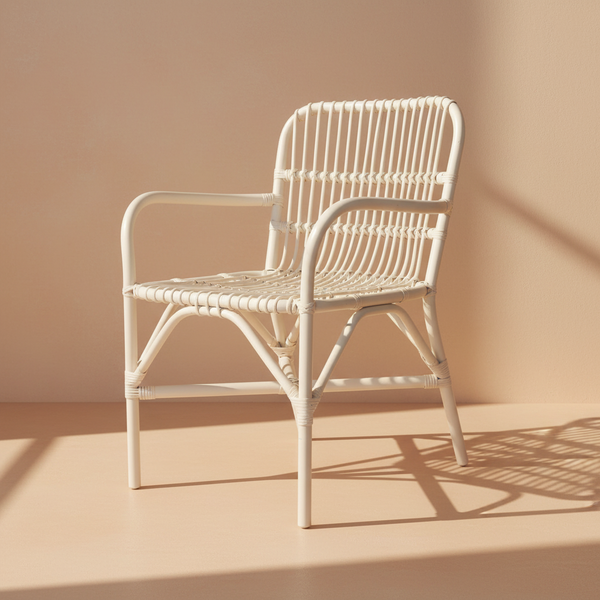 Sedia in rattan bianco su sfondo neutro