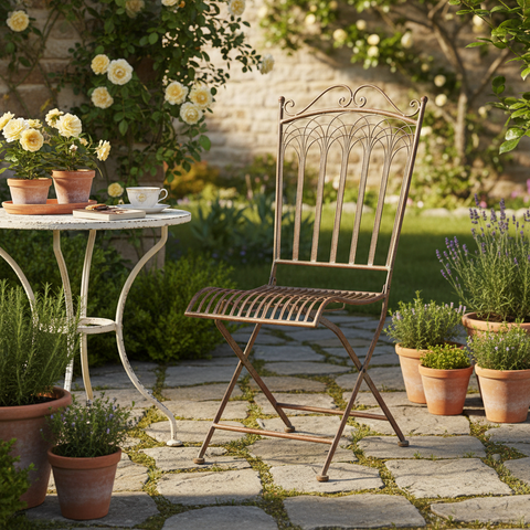Sedia pieghevole in ferro battuto in ambiente lifestyle