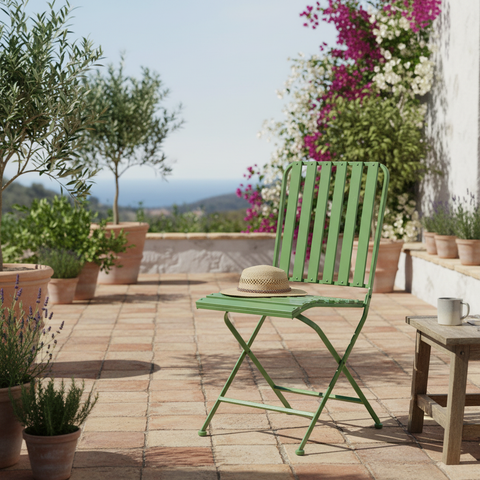Sedia pieghevole verde in giardino