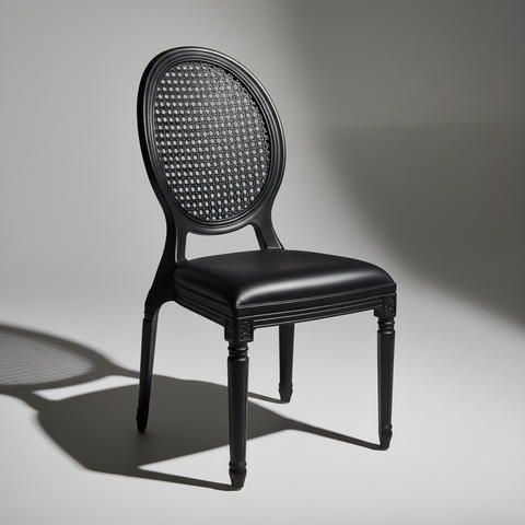 Sedia plastica nera Luigi XVI su sfondo grigio