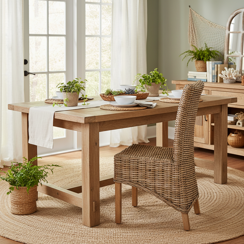 Sedia rattan naturale gambe legno ambientata lifestyle