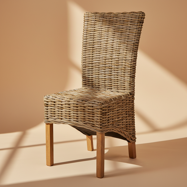 Sedia rattan naturale gambe legno sfondo beige