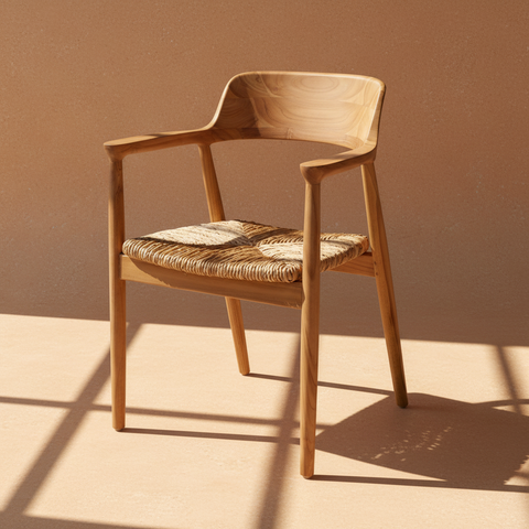 Sedia teak con seduta in corda su sfondo beige