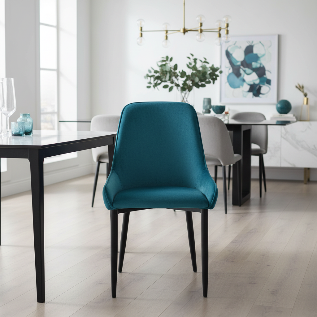 Sedia velluto ottanio teal gambe nere ambientata