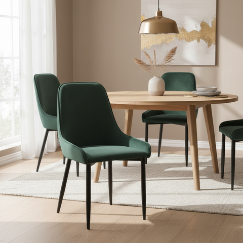 Sedia velluto verde in ambiente dining