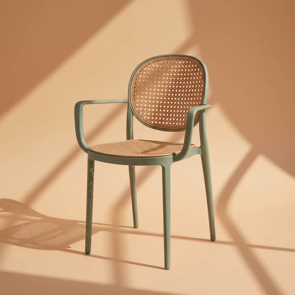 Sedia verde con paglia di Vienna su sfondo beige