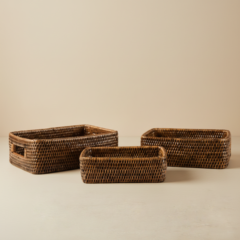 Set 3 Cestini Rettangolari Rattan - Sfondo Neutro