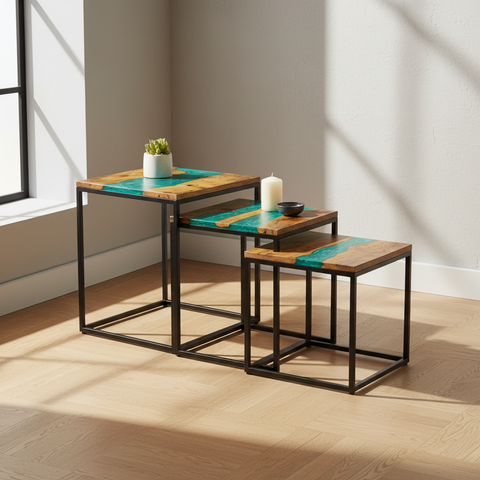 Set 3 tavolini resina turchese - hero