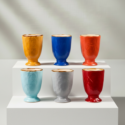 Set bicchieri su gradino sfondo grigio