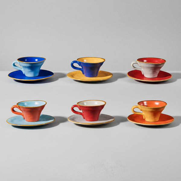 Set di 6 tazzine ceramica colorate con piattini su sfondo grigio chiaro