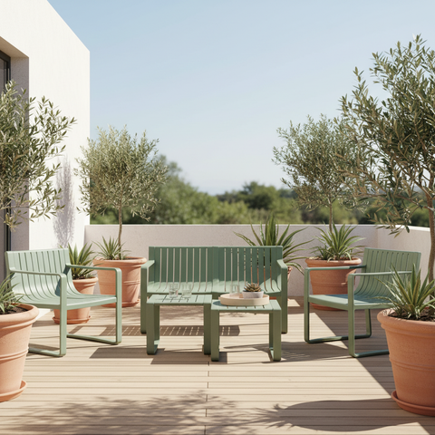 Set lounge esterno verde salvia ambientato