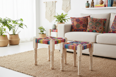 Sgabello legno e cotone - set 1/2