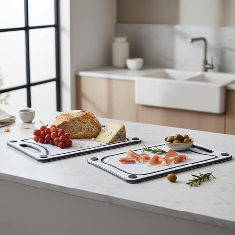 Set taglieri bianchi e grigi in ambiente