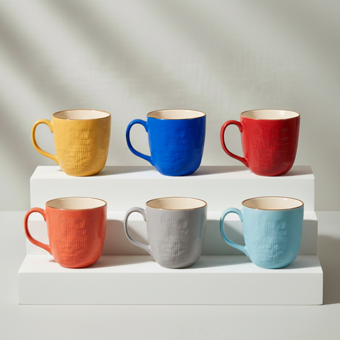 Set tazze orzo su gradini con sfondo grigio