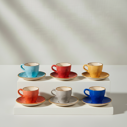 Set tazzine con piattini su gradini con sfondo grigio