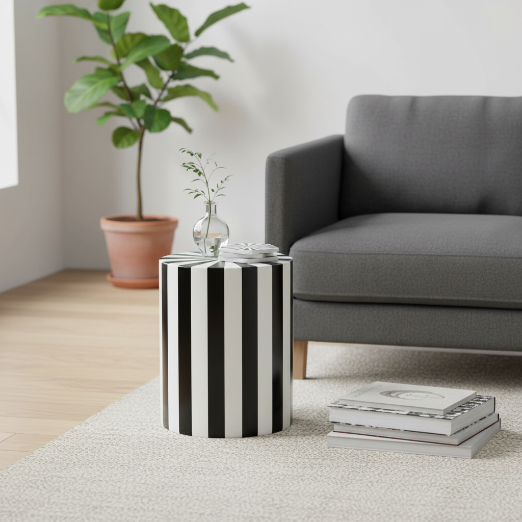 Sgabello ceramica righe bianco e nero in ambiente