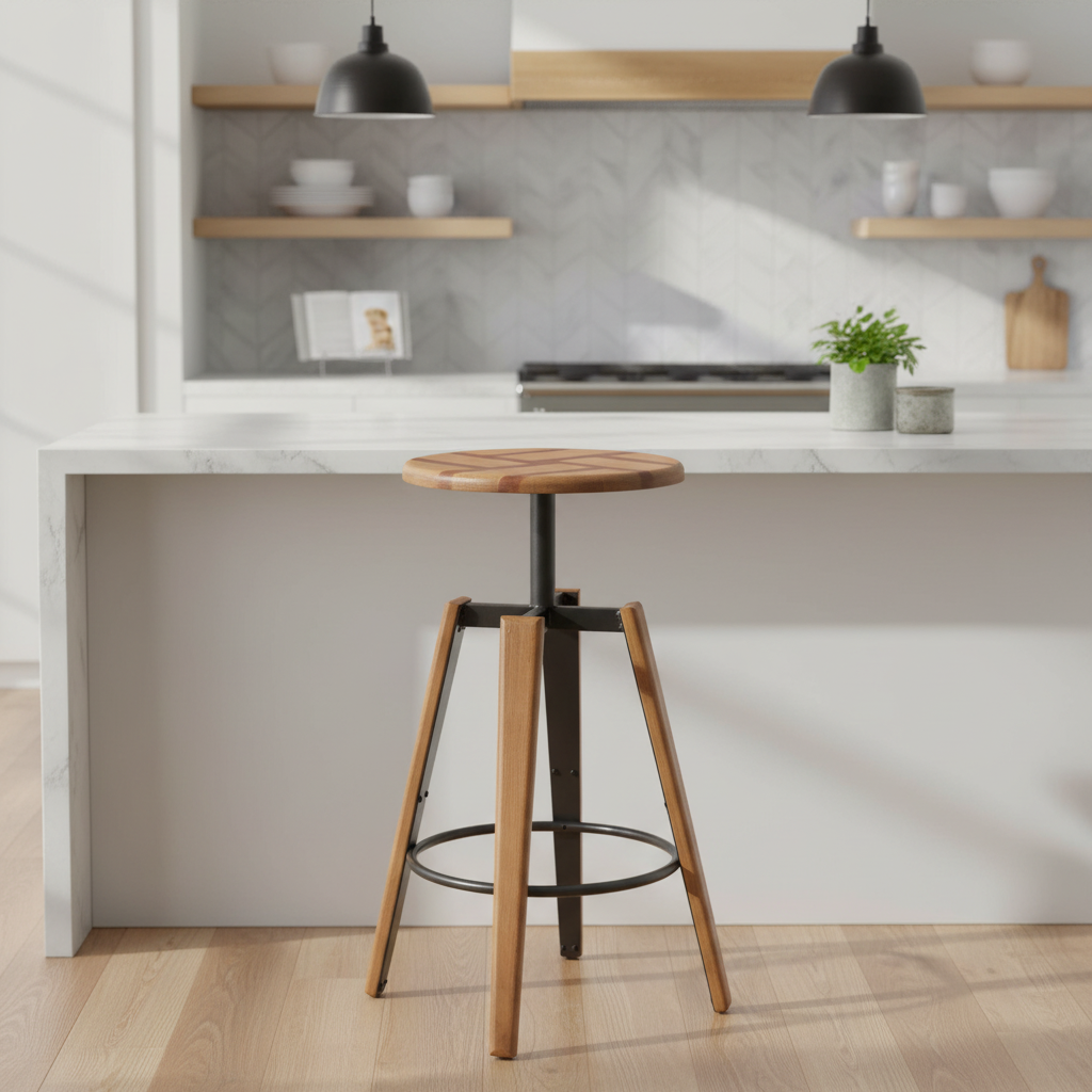Stool - Sgabello Con Seduta Legno Bicol.Gambe Ferro Riv In Legno