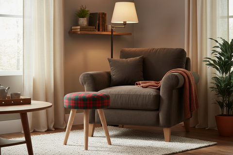 Mackenzie - bleached red tartan low round stool