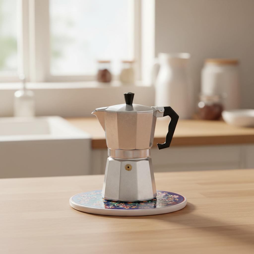 Sottopentola blu navy con moka - lifestyle cucina