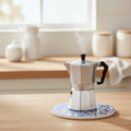 Sottopentola ceramica blu con moka - lifestyle cucina