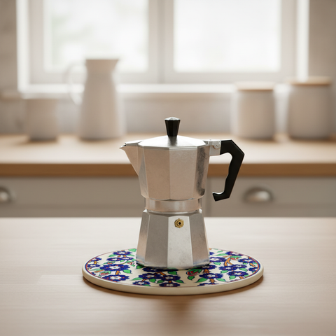Sottopentola crema fiori blu navy - lifestyle con moka