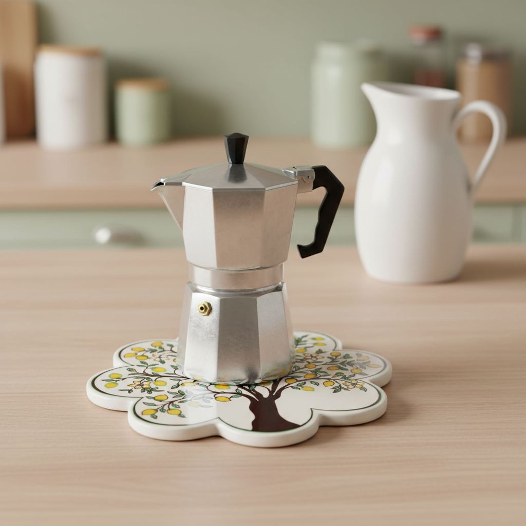 Sottopentola fiore albero limoni - lifestyle con moka