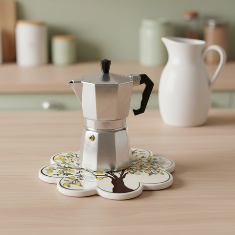 Sottopentola fiore albero limoni - lifestyle con moka