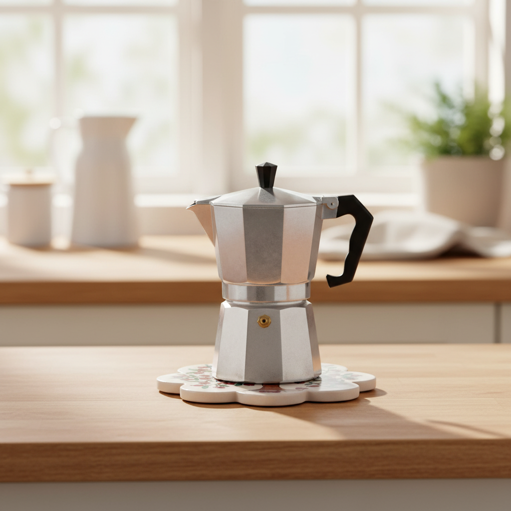 Sottopentola fiore albero melograni - lifestyle con moka