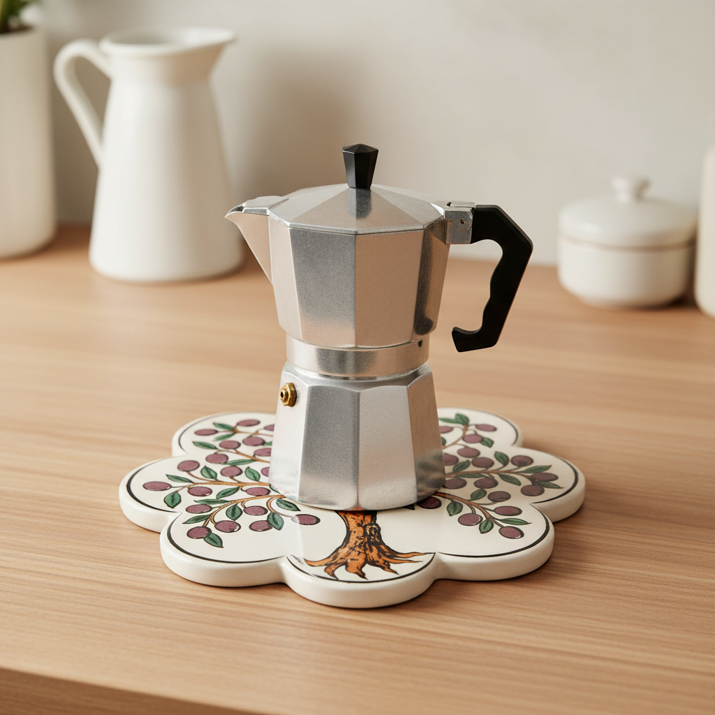 Sottopentola fiore albero olive - lifestyle con moka