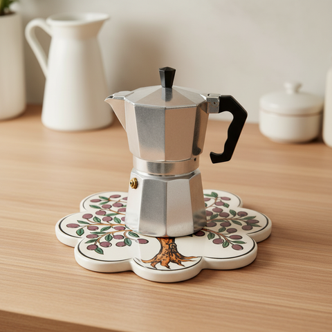 Sottopentola fiore albero olive - lifestyle con moka