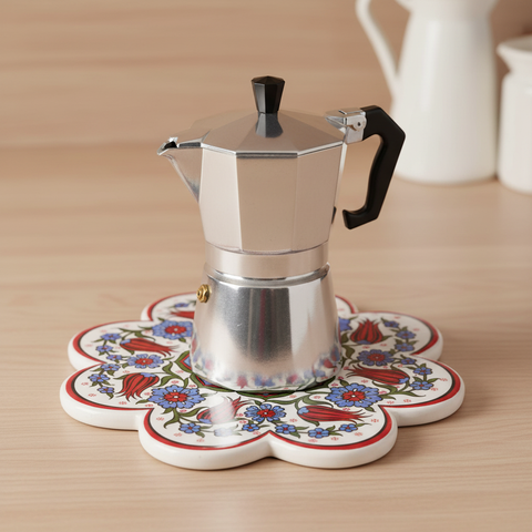 Sottopentola fiore arrotondato bianco/tulipani rossi/blu lavanda - lifestyle con moka