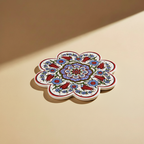 Sottopentola fiore arrotondato bianco/tulipani rossi/blu lavanda - sfondo beige